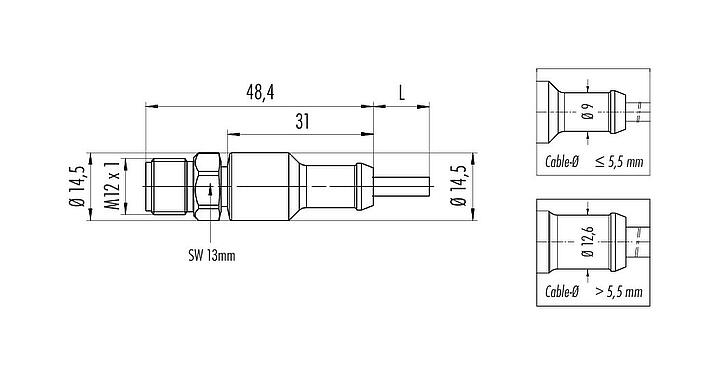Dessin coté 77 3729 0000 40405-0500 - M12 Connecteur mâle, Contacts: 5, non blindé, surmoulé sur le câble, IP69K, Ecolab, FDA conforme, TPE spécial, gris, 5 x 0,34 mm², Acier inoxydable, 5 m