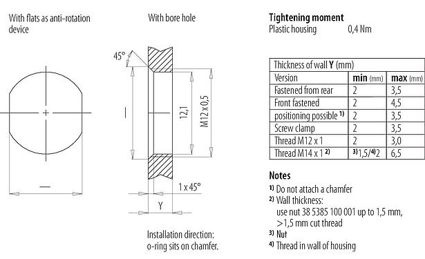 Instructions de montage / Découpe du panneau 09 0381 81 08 - M12 Embase mâle, Contacts: 8, non blindé, souder, IP67, M12x0,5