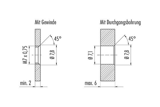 Montageanleitung / Montageausschnitt M5 Flanschdose, Polzahl: 3, ungeschirmt, THT, IP67, UL 2238, M5x0,5, Rückwandmontage, vergossen
