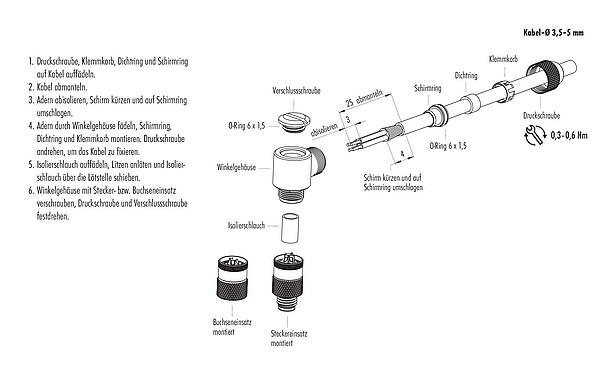 Montageanleitung 99 3364 00 03 - M8 Winkeldose, Polzahl: 3, 3,5-5,0 mm, schirmbar, löten, IP67, UL