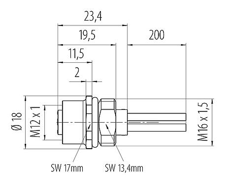 Scale drawing M12 Female panel mount connector, Contacts: 4, unshielded, single wires, IP68, UL 2238, M16x1.5, Front mounting