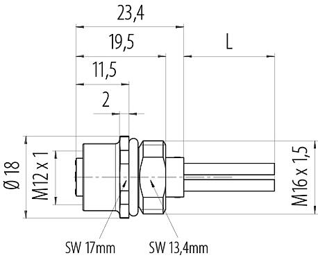 比例图 M12 孔头法兰座, 极数: 4, 非屏蔽, 带导线, IP68, UL 2238, M16x1.5, 板前安装