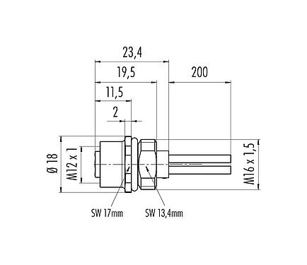 Scale drawing 09 0632 300 04 - M12 Female panel mount connector, Contacts: 4, unshielded, single wires, IP68, UL, M16x1.5