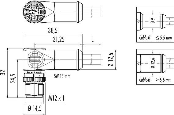 Schaaltekening M12 Male haakse connector, aantal polen: 12, onafgeschermd, aan de kabel aangegoten, IP68/IP69K, UL 2238, PVC, grijs, 12 x 0,25 mm², 5 m