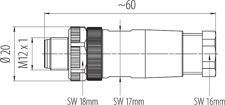 Maßzeichnung M12 Kabelstecker, Polzahl: 4, 6,0-8,0 mm, ungeschirmt, schraubklemm, IP67, UL 2238