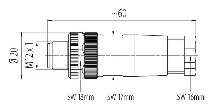 Maßzeichnung M12 Kabelstecker, Polzahl: 5, 6,0-8,0 mm, ungeschirmt, schraubklemm, IP67, UL 2238