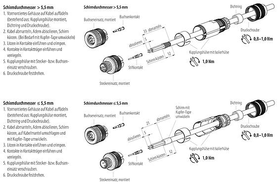 Montageanleitung M12 Kabelstecker, Polzahl: 4, 5,0-8,0 mm, schirmbar, crimpen (Crimpkontakte müssen separat bestellt werden), IP67, UL 2238