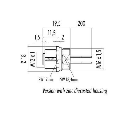 Scale drawing M12 Female panel mount connector, Contacts: 5, unshielded, single wires, IP68, UL 2238, M16x1.5, Front mounting