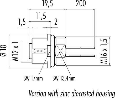 Scale drawing M12 Female panel mount connector, Contacts: 5, unshielded, single wires, IP68, UL 2238, M16x1.5, Front mounting