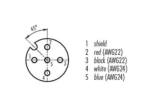 Disposition des contacts (Côté plug-in) M12 Connecteur femelle coudé, Contacts: 5, blindé, surmoulé sur le câble, IP68, UL 2238, CAN-Bus, PUR, violet, 1 x 2 x AWG 22 + 1 x 2 x AWG 24, 5 m
