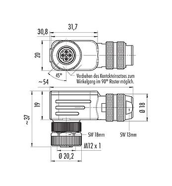 Maßzeichnung M12 Winkeldose, Polzahl: 4, 4,0-6,0 mm, schirmbar, schraubklemm, IP67, UL 2238, mit Schirmring