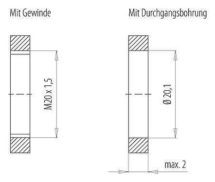 Montageanleitung / Montageausschnitt Bajonett Flanschstecker, Polzahl: 6, schirmbar, Litzen, IP66/IP67, UL 2237, M20x1,5, Frontmontage