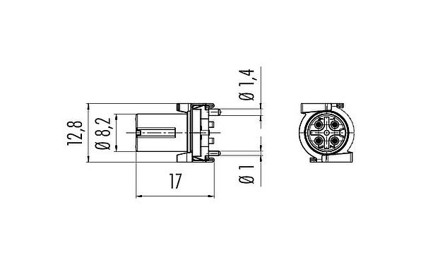 Disegno in scala 09 0434 601 05 - M12 Connettore femmina a pannello, Numero poli: 5, schermabile, SMT, IP67