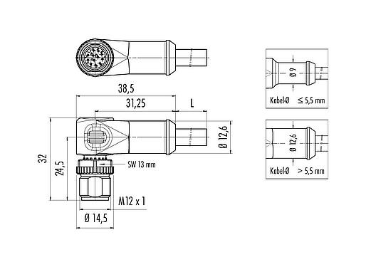 Maßzeichnung M12 Winkelstecker, Polzahl: 12, ungeschirmt, am Kabel angespritzt, IP68/IP69K, UL 2238, PUR, schwarz, 12 x 0,25 mm², 5 m