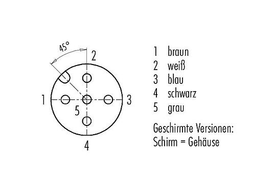 Polbild (Steckseite) 77 3534 0000 50705-0200 - M12 Winkeldose, Polzahl: 5, geschirmt, am Kabel angespritzt, IP67, UL, PUR, schwarz, 5 x 0,25 mm², 2 m
