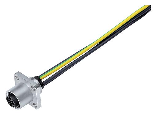 插图 M12 孔头方型法兰座, 极数: 4, 非屏蔽, 带导线, IP40, UL 2238, M3 (4x), 板前安装, 模压成型