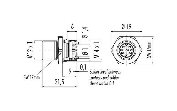 Scale drawing M12 Male panel mount connector, Contacts: 8, shieldable, SMT, IP67, M12x1.0, Front mounting