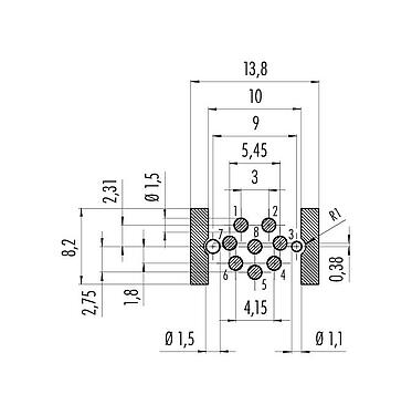 Conductor layout 99 3482 351 08 - M12 Female panel mount connector, Contacts: 8, unshielded, SMT, IP67