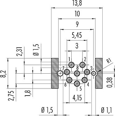 導体レイアウト M12 メスパネルマウントコネクタ, 極数: 8, 非シールド, SMT, IP67, M14x1.0, フロントマウント