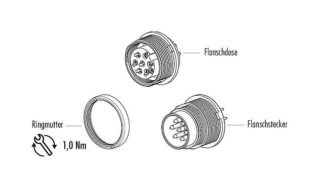 Einzelteildarstellung M16 Flanschstecker, Polzahl: 24, ungeschirmt, THT, IP40, M18x0,75, Rückwandmontage