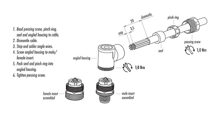 Montagehandleiding M12 Female haakse connector, aantal polen: 12, 6,0-8,0 mm, onafgeschermd, soldeer, IP67, UL 2238