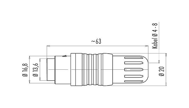 Maßzeichnung Push Pull Kabeldose, Polzahl: 5, 4,0-8,0 mm, schirmbar, löten, IP67