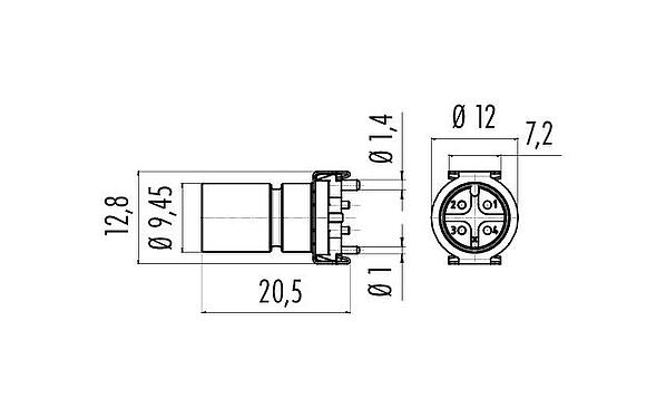Dessin coté M12 Encastrable mâle, Contacts: 4, non blindé, SMT, IP67