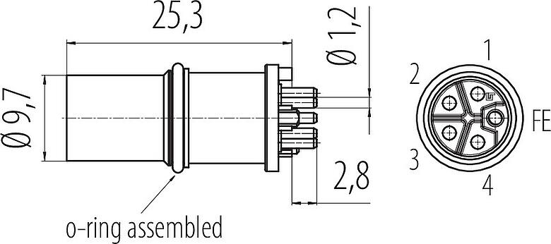 Bản vẽ tỷ lệ M12 Mảnh lắp ráp phích cắm, Số lượng cực : 5, không có chống nhiễu, THR, IP68, UL 2238, Gắn phía trước