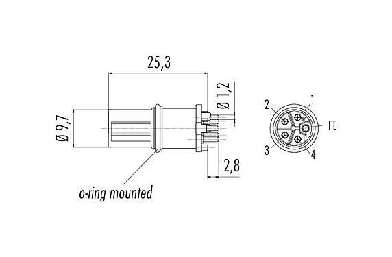Scale drawing 09 0641 100 05 - M12 Male receptacle, Contacts: 4+FE, unshielded, THR, IP68, UL