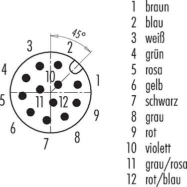 Polbild (Steckseite) M12 Flanschstecker, Polzahl: 12, ungeschirmt, Litzen, IP68, UL 2238, M16x1,5, Frontmontage, Kodierungsausrichtung positionierbar, vergossen