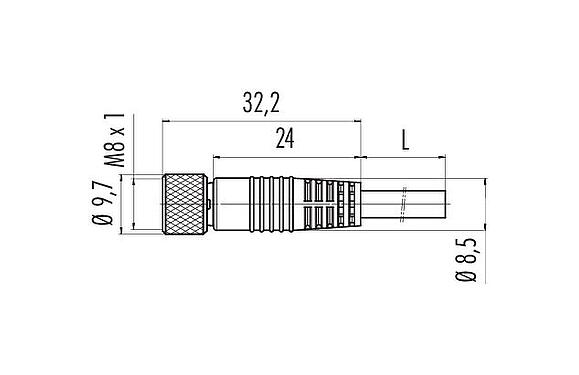 Dessin coté M8 Connecteur femelle, Contacts: 4, blindé, surmoulé sur le câble, IP67/IP69K, PUR, noir, 4 x 0,34 mm², 2 m