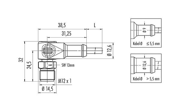 Maßzeichnung 77 3727 0000 40403-0200 - M12 Winkelstecker, Polzahl: 3, ungeschirmt, am Kabel angespritzt, IP69K, Ecolab, FDA konform, Spezial TPE, grau, 3 x 0,34 mm², Edelstahl, 2 m