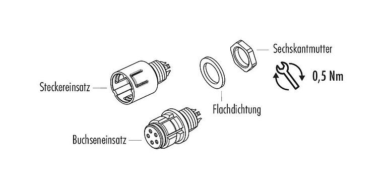 Einzelteildarstellung Snap-In Flanschstecker, Polzahl: 8, ungeschirmt, löten, IP67, UL 2238, M8x0,75, Frontmontage