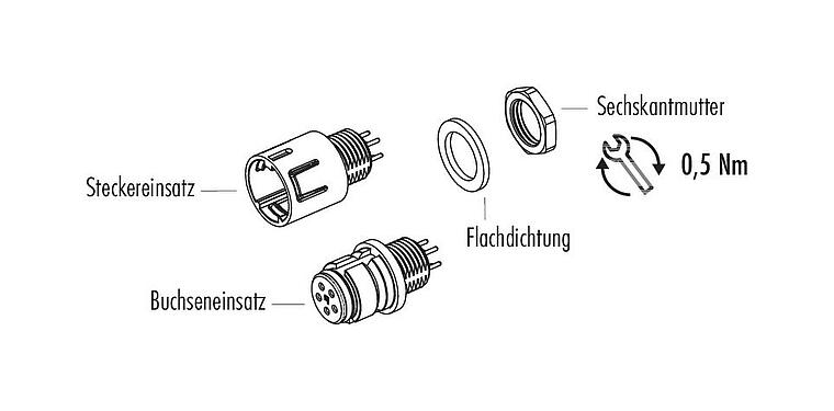 Einzelteildarstellung Snap-In Flanschstecker, Polzahl: 5, ungeschirmt, THT, IP67, UL 2238, M8x0,75, Frontmontage