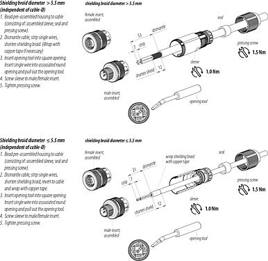 Montagehandleiding M12 Kabelstekker, aantal polen: 5, 5,0-8,0 mm, schermbaar, kooiklem, IP67, irisveer