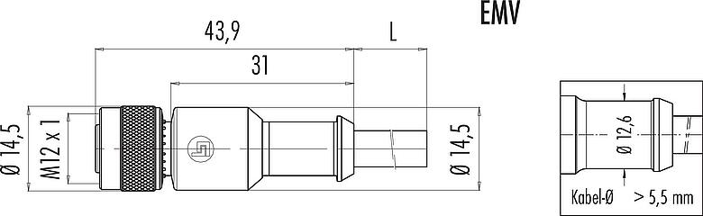 Maßzeichnung M12 Kabeldose, Polzahl: 5, geschirmt, am Kabel angespritzt, IP67, UL 2238, PVC, grau, 5 x 0,25 mm², 5 m