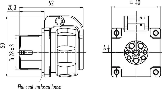 Scale drawing Bayonet Female panel mount connector, Contacts: 4+PE, unshielded, crimping (Crimp contacts must be ordered separately), IP68/IP69K, UL 2238, VDE, Front mounting, UV resistant