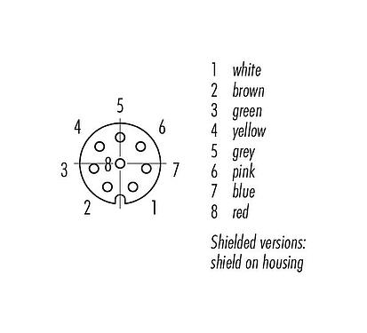 Disposition des contacts (Côté plug-in) M8 Connecteur femelle, Contacts: 8, blindé, surmoulé sur le câble, IP67/IP69K, M8x1,0, PUR, noir, 8 x 0,25 mm², 2 m