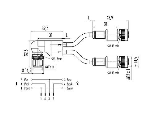 Dibujo a escala M12 Divisor de cables en ángulo - 2 conector de cable hembra, Número de contactos: 4/3, sin blindaje, moldeado en el cable, IP67, UL 2238, PUR, negro, 3 x 0,34 mm², 1 m