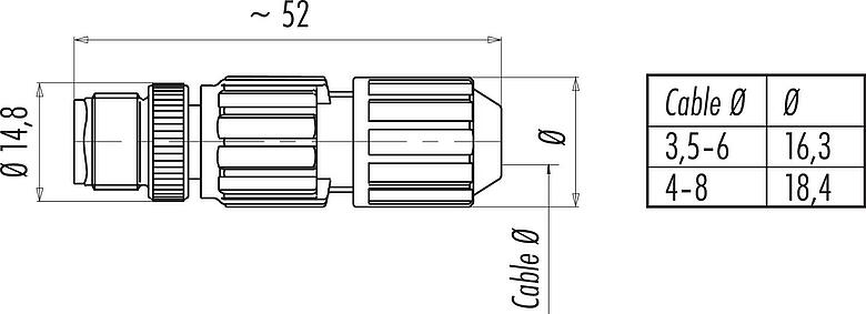 스케일 드로잉 M12 케이블 커넥터, 콘택트 렌즈: 4, 4.0-8.0mm, 차폐되지 않음, IDC, IP67