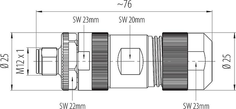 Maßzeichnung M12 Kabelstecker, Polzahl: 4+PE, 8,0-13,0 mm, ungeschirmt, schraubklemm, IP67, UL 2238