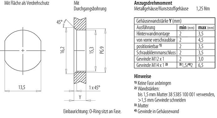 Montageanleitung / Montageausschnitt 09 3432 433 04 - M12 Flanschdose, Polzahl: 4, ungeschirmt, Litzen, IP68, UL, VDE, PG 9, für die Spannungsversorgung (Power)