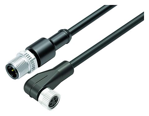 Illustration M12/M8 Connecteur mâle - connecteur d‘angle femelle, Contacts: 4, non blindé, surmoulé sur le câble, IP67/IP69K, UL 2238, PUR, noir, 4 x 0,34 mm², 2 m