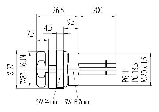 Dibujo a escala 7/8" Enchufe de brida, Número de contactos: 4, sin blindaje, hilos, IP68, UL 2238, VDE, M20x1,5, Montaje frontal, moldeado