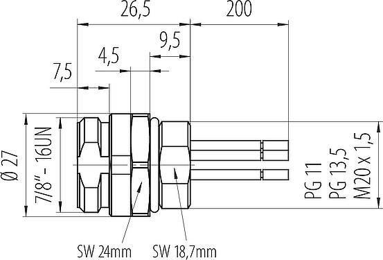 Maßzeichnung 7/8" Flanschstecker, Polzahl: 4+PE, ungeschirmt, Litzen, IP68, UL 2238, VDE, PG 13,5, Frontmontage, vergossen