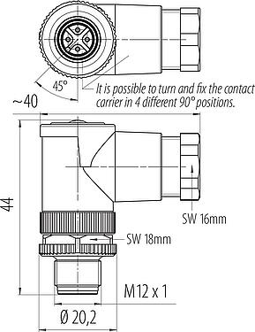 Výkres v měřítku M12 Úhlová zástrčka, : 4, 6,0-8,0 mm, nestíněný, šroubovací svorka, IP67, UL 2238