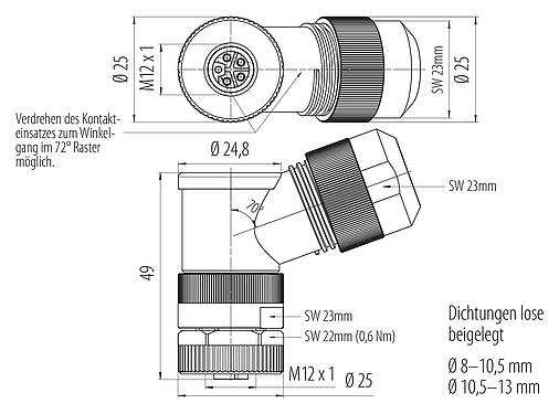 Maßzeichnung M12 Winkeldose, Polzahl: 4+FE, 8,0-13,0 mm, ungeschirmt, schraubklemm, IP67, M12x1,0, für die Spannungsversorgung (Power), UL 2237 in Vorbereitung, mit PE Anbindung