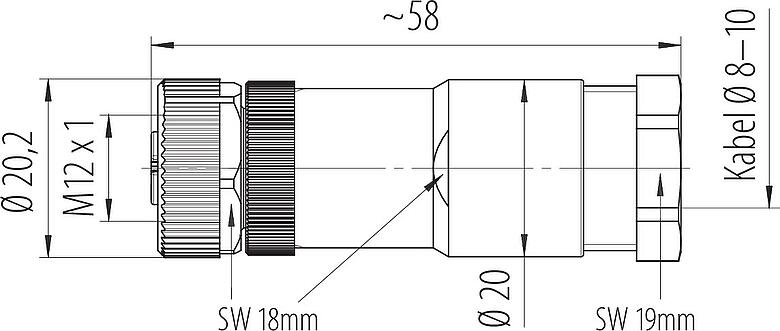 Maßzeichnung M12 Kabeldose, Polzahl: 2+PE, 8,0-10,0 mm, ungeschirmt, schraubklemm, IP67, UL 2238