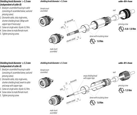 Instrução de montagem M12 Plugue de cabo, Contatos: 8, 8,0-9,0 mm, blindável, pinça de parafuso, IP67, UL 2238, mola de íris