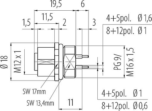 Scale drawing M12 Female panel mount connector, Contacts: 5, unshielded, THT, IP68, UL 2238, PG 9, Front mounting